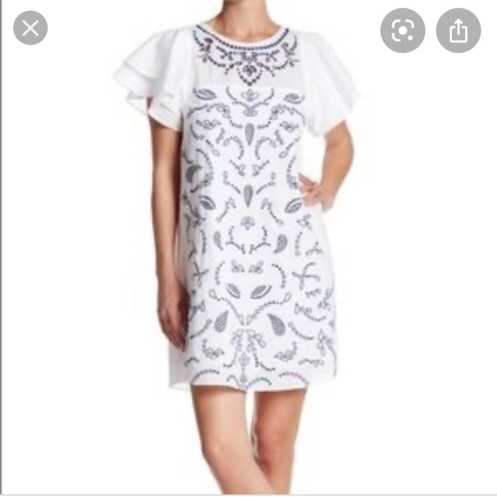 Parker Ruffle White Cotton Dress w/Blue Embroidery